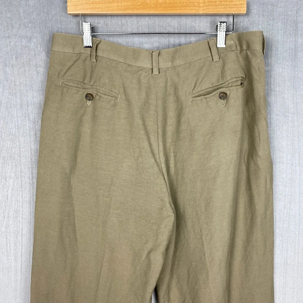 Vtg Perry Ellis Trousers Mens 34x25 Linen Blend Pleated Cuffed Khaki Coastal